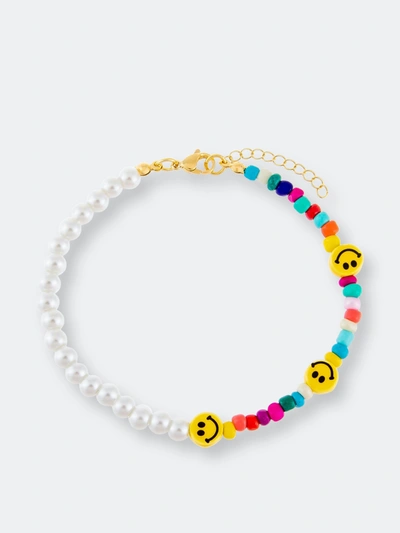 Shop Adinas Jewels Adina's Jewels Smiley Face X Pearl Anklet In Yellow