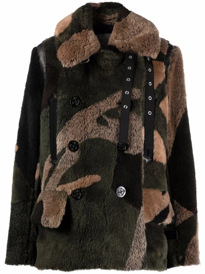 Shop Sacai Camouflage-print Shearling Coat In Grün