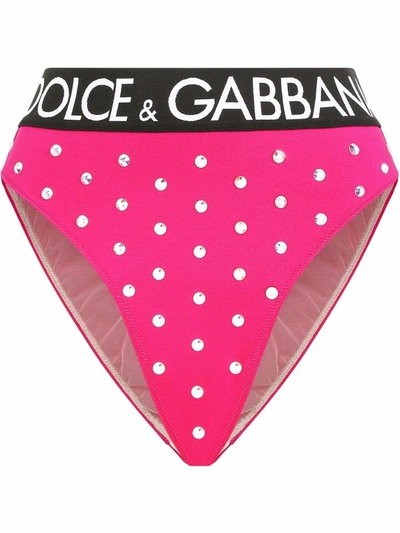 Dolce & Gabbana Spandex High-waisted Briefs With Rhinestones And Branded Elastic In Pink