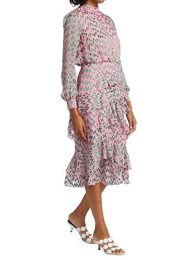 Shop Saloni Isa Ruffled Silk Georgette Teardrop Print Dress In Carnation Green