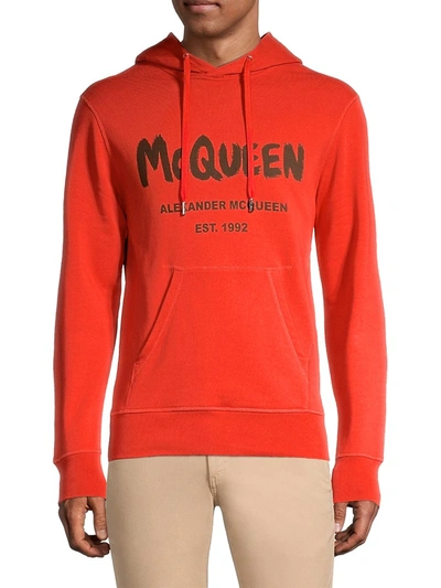 Shop Alexander Mcqueen Men's Graffiti Print Logo Hoodie In Orange