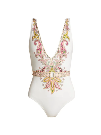 Shop Zimmermann Teddy Belted One-piece Swimsuit In Ivory Paisley