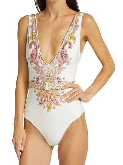 Shop Zimmermann Teddy Belted One-piece Swimsuit In Ivory Paisley