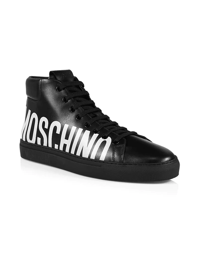 Shop Moschino Men's Logo Leather High-top Sneakers In Nero