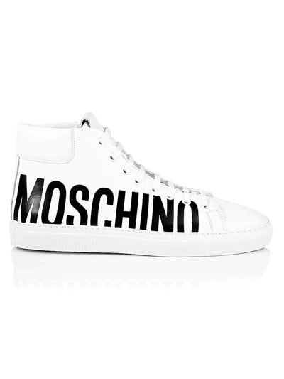 Shop Moschino Men's Logo Leather High-top Sneakers In Bianco