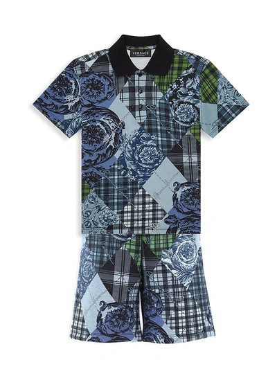 Shop Versace Little Boy's & Boy's Barocco Argyle Piqué Polo Shirt In Blue