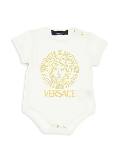 Shop Versace Baby's Jersey Logo Medusa-print Bodysuit In White Gold