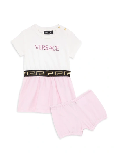 Shop Versace Baby Girl's Jersey Logo Print Dress In White Pink