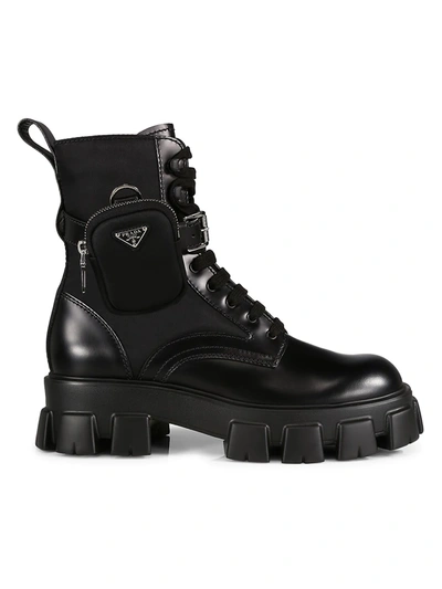 Shop Prada Men's Monolith Lug-sole Leather Combat Boots In Black