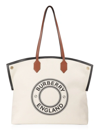 Shop Burberry Logo Cotton Canvas Society Tote In Natural