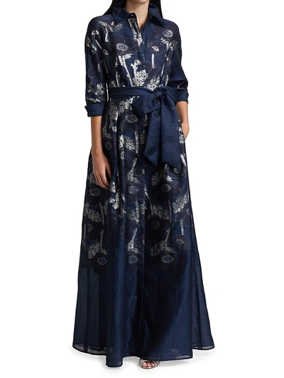 Shop Teri Jon By Rickie Freeman Women's Metallic Jacquard Floral Shirt Gown In Navy Silver