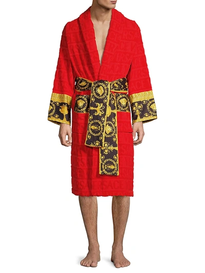 Shop Versace Logo Baroque Bathrobe In Capri Blue