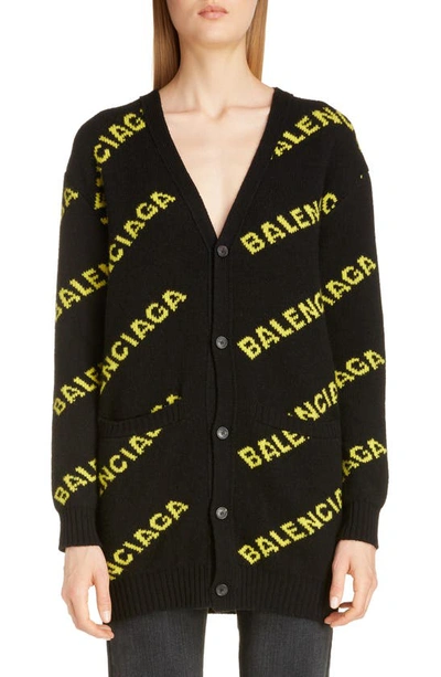 Shop Balenciaga Logo Jacquard Wool Blend Cardigan In Black/ Yellow