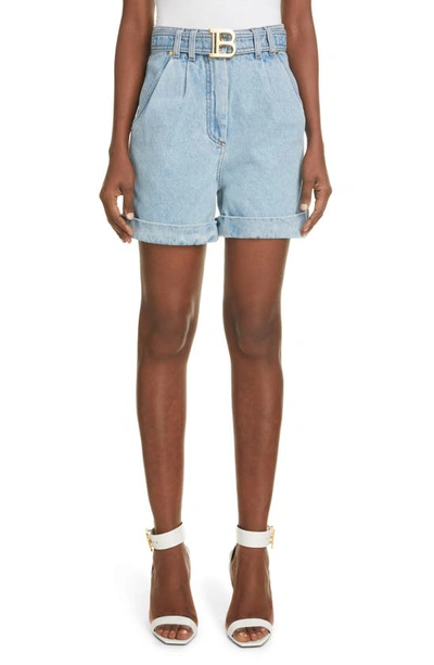 Shop Balmain Logo Belt Pleat Denim Shorts In Light Blue