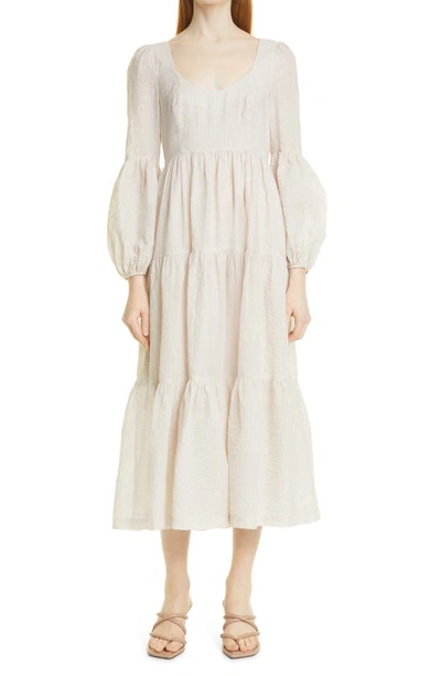 Shop Cinq À Sept Rose Long Sleeve Cototn Blend Tiered Dress In Natural Vanilla / Ivory
