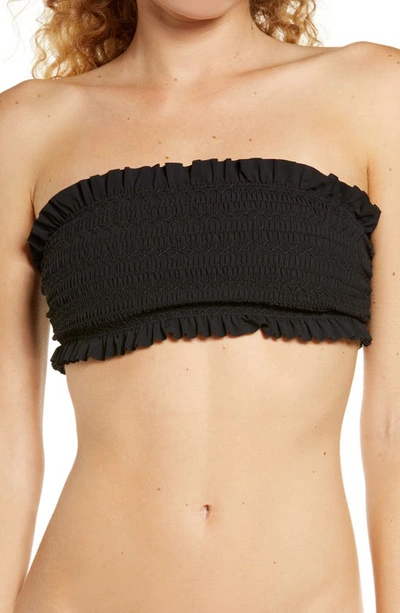 Shop Tory Burch Costa Smocked Bandeau Bikini Top In Black / New Ivory