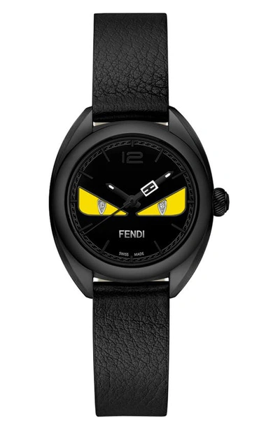 Shop Fendi Momento Diamond Eye Bug Leather Strap Watch, 26mm In Black