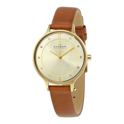 Shop Skagen Anita Champagne Dial Brown Leather Ladies Watch Skw2147 In Beige,brown,gold Tone