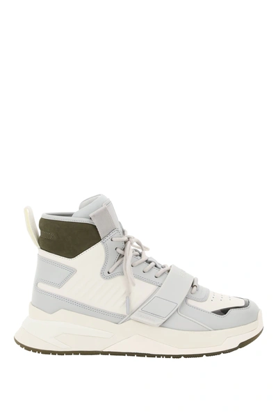 Shop Balmain B-ball Hi-top Sneakers In White,grey,green