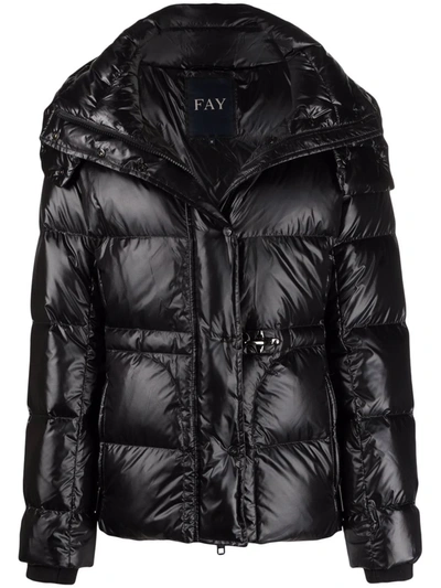 Fay Cropped Black Nylon Down Jacket With Iconic Fastening And Windproof Cuffs In Black