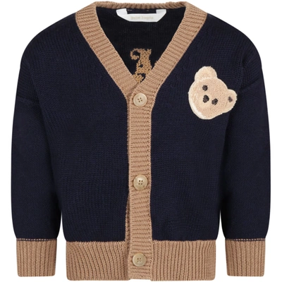 Shop Palm Angels Cardigan Blue For Kids With Bear And Logo