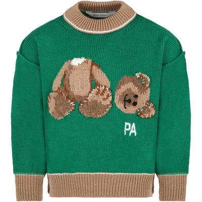 Shop Palm Angels Green Sweater For Kids With Bear And Logo