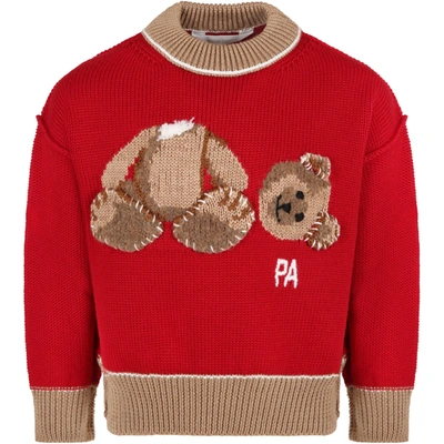 Shop Palm Angels Red Sweater For Kids With Bear And Logo