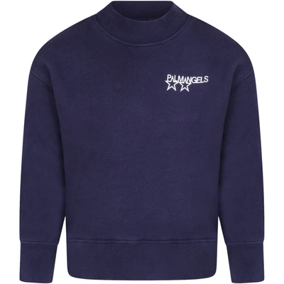 Shop Palm Angels Blue Sweatshirt For Kids With Logo And Print