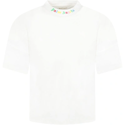 Shop Palm Angels White T-shirt For Boy With Multicolor Logo