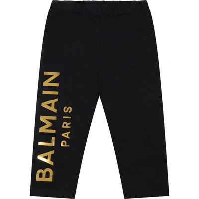 Shop Balmain Black Leggings For Babygirl With Gold Logo