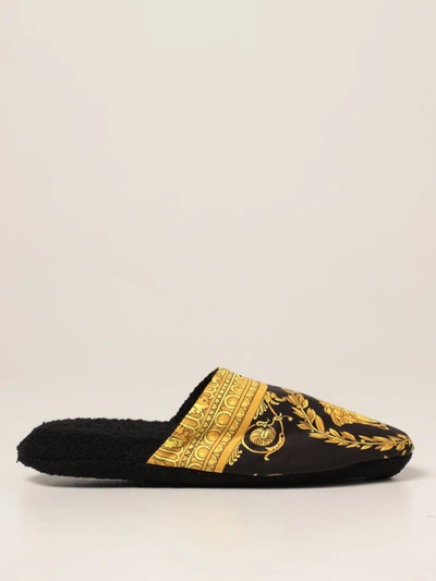 Shop Versace Flat Shoes  Home Slipper In Cotton With Baroque Print In Black