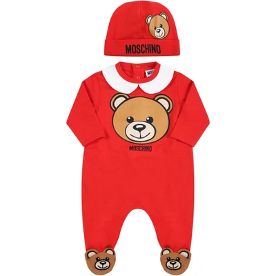 Shop Moschino Red Set For Baby Kids With Teddy Bear