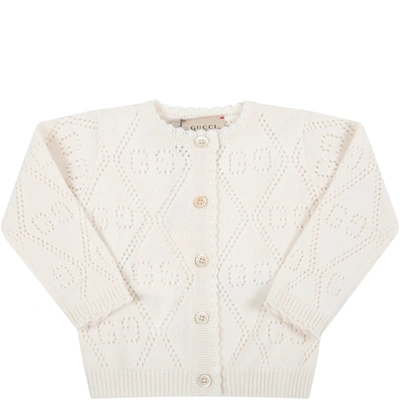 Shop Gucci Ivory Cardigan For Baby Girl With Double Gg