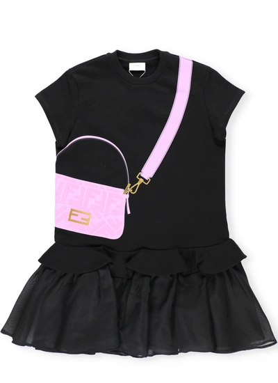 Shop Fendi Plush Cotton And Organza Junior Dress In Black+candy