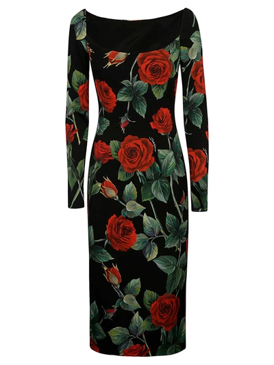 Shop Dolce & Gabbana Rose Print Dress In Rose Fdo Nero