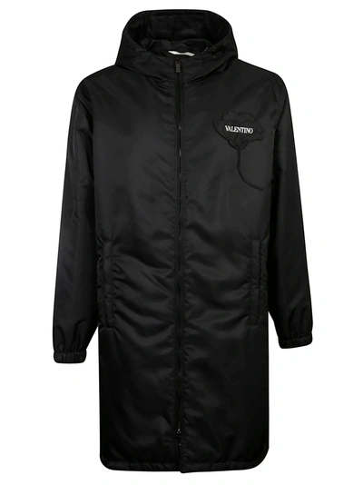 Shop Valentino Rose Patch Logo Hooded Raincoat In Nero/bianco