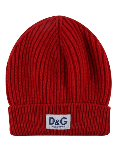Shop Dolce & Gabbana Logo Patched Knit Beanie In Red Scuro