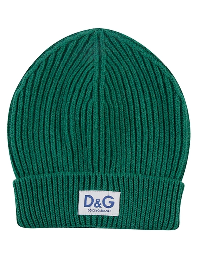 Shop Dolce & Gabbana Logo Patched Knit Beanie In Green Scuro
