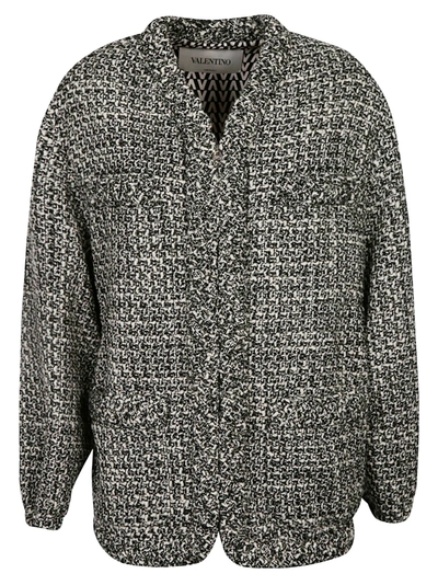 Shop Valentino Ruffle Trimmed Tweed Jacket In Nero Avorio