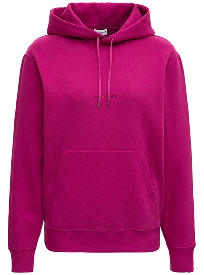 Shop Saint Laurent Pink Jersey Hoodie With Logo In Fuxia