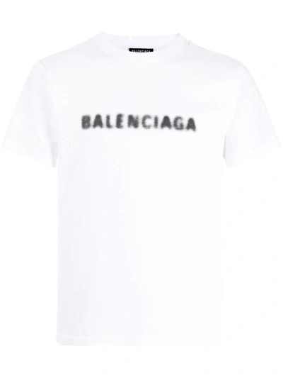 Balenciaga Distressed Logo-print Cotton-jersey T-shirt In White | ModeSens