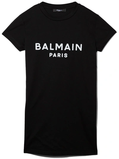 Shop Balmain Sequin-logo Embellished T-shirt Dress In 黑色