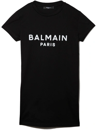 Shop Balmain Logo Print T-shirt Dress In 黑色