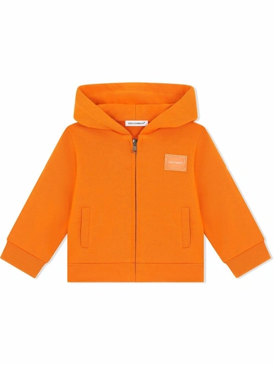 Shop Dolce & Gabbana Logo-patch Zip-up Hoodie In Orange