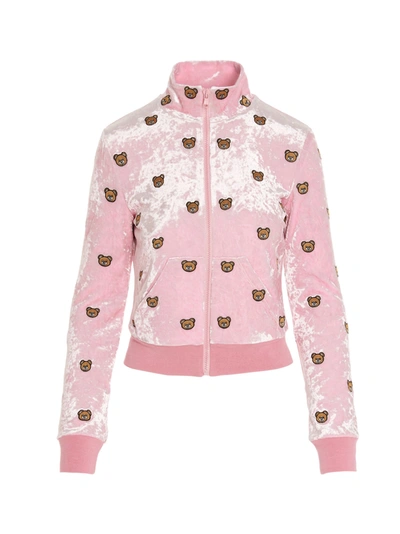 Moschino Teddy Embroidery Stretch Velour Sweatshirt In Pink | ModeSens