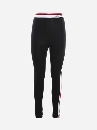 Shop Miu Miu Stretch Cotton Trousers With Contrasting Logo Band In Black