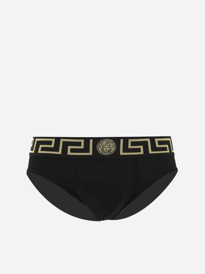 Shop Versace Bi-back Cotton Briefs With Greca Motif In Black, Gold