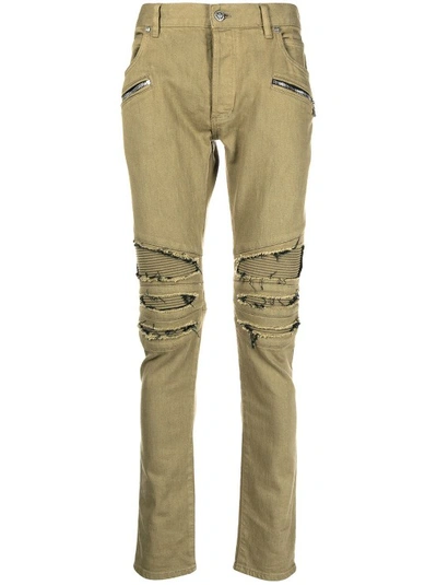 Shop Balmain Ripped Multi-pocket Skinny Jeans In Green