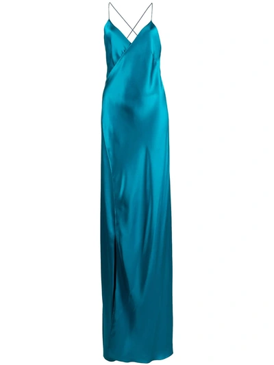 Shop Michelle Mason Cross-strap Silk Wrap Gown In Blau