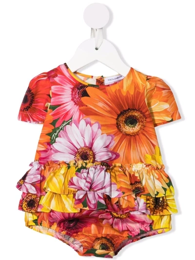 Shop Dolce & Gabbana Flower-print Ruffled Body In Orange